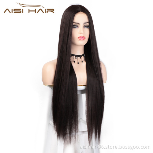 Aisi Hair Cheap 26 Inch Brown Wig Long Straight Silky Lace Frontal Wig Middle Part Synthetic Front Lace Hair Wigs For Women
